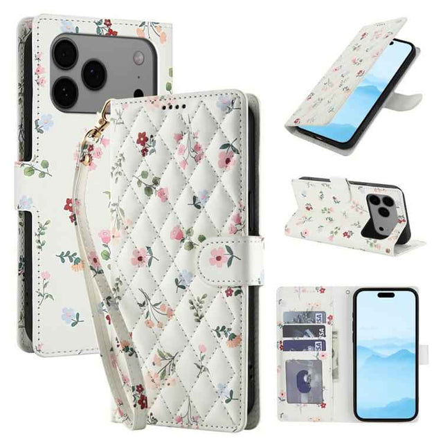 Flower Pattern Buckle Leather Phone Case with Lanyard