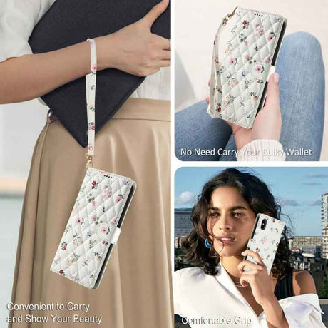 Flower Pattern Buckle Leather Phone Case with Lanyard