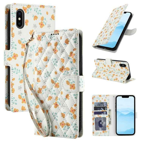 Flower Pattern Buckle Leather Phone Case with Lanyard