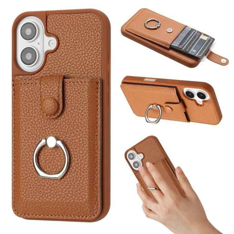 Litchi Texture Drawing Card Bag Ring Holder Phone Case