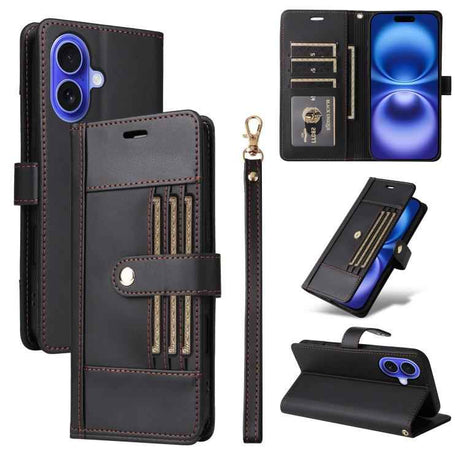 Six Card Slots Buckle Leather Phone Case with Lanyard