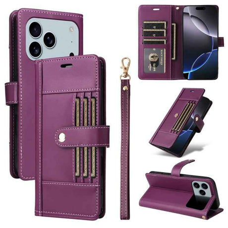 Six Card Slots Buckle Leather Phone Case with Lanyard