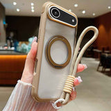 Solid Color Edge Transparency Rotation Holder MagSafe Phone Case with Wrist Strap
