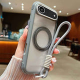 Solid Color Edge Transparency Rotation Holder MagSafe Phone Case with Wrist Strap
