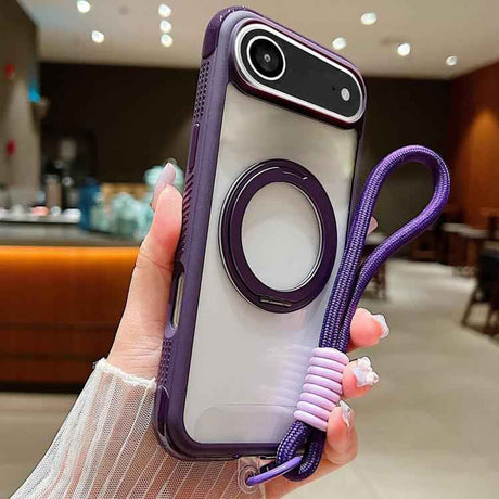 Solid Color Edge Transparency Rotation Holder MagSafe Phone Case with Wrist Strap