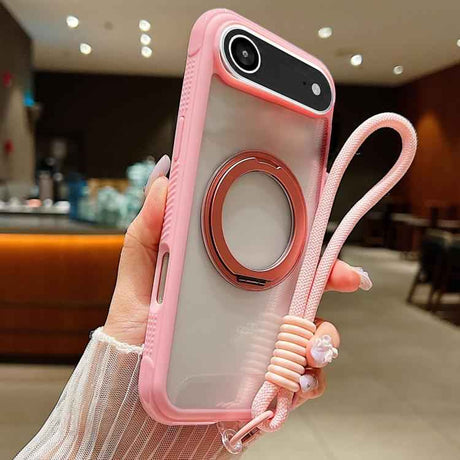 Solid Color Edge Transparency Rotation Holder MagSafe Phone Case with Wrist Strap