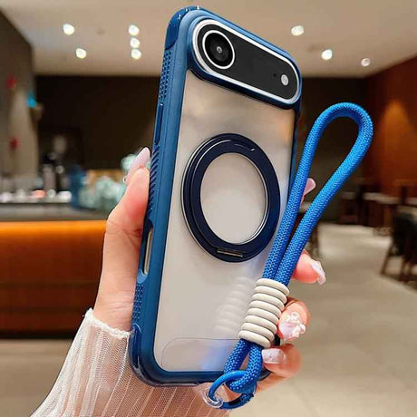Solid Color Edge Transparency Rotation Holder MagSafe Phone Case with Wrist Strap