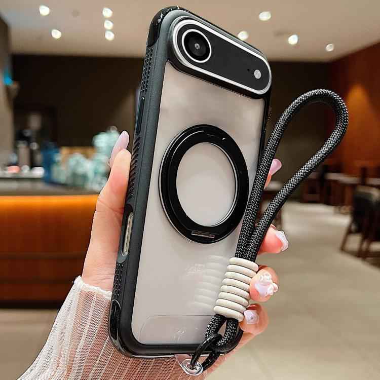 Solid Color Edge Transparency Rotation Holder MagSafe Phone Case with Wrist Strap