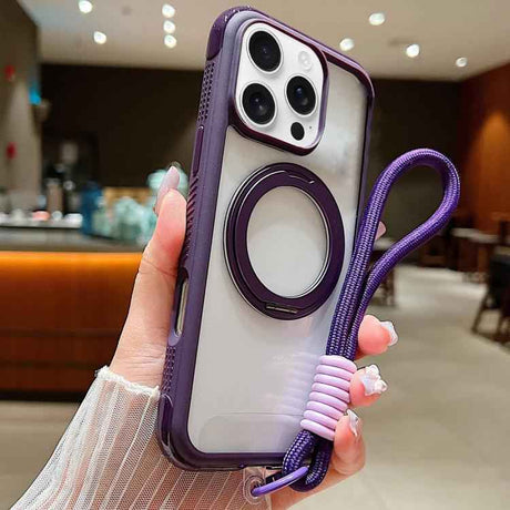 Solid Color Edge Transparency Rotation Holder MagSafe Phone Case with Wrist Strap