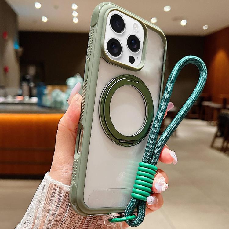 Solid Color Edge Transparency Rotation Holder MagSafe Phone Case with Wrist Strap