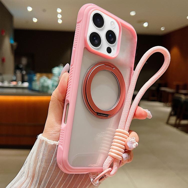 Solid Color Edge Transparency Rotation Holder MagSafe Phone Case with Wrist Strap
