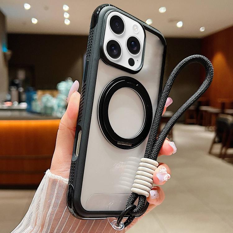 Solid Color Edge Transparency Rotation Holder MagSafe Phone Case with Wrist Strap