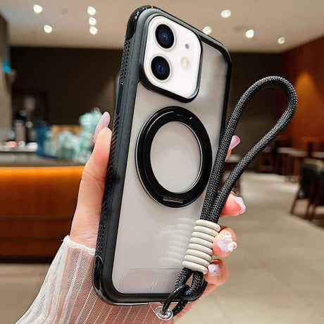 Solid Color Edge Transparency Rotation Holder MagSafe Phone Case with Wrist Strap