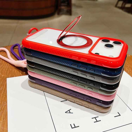 Solid Color Edge Transparency Rotation Holder MagSafe Phone Case with Wrist Strap