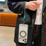 Solid Color Edge Transparency Rotation Holder MagSafe Phone Case with Wrist Strap