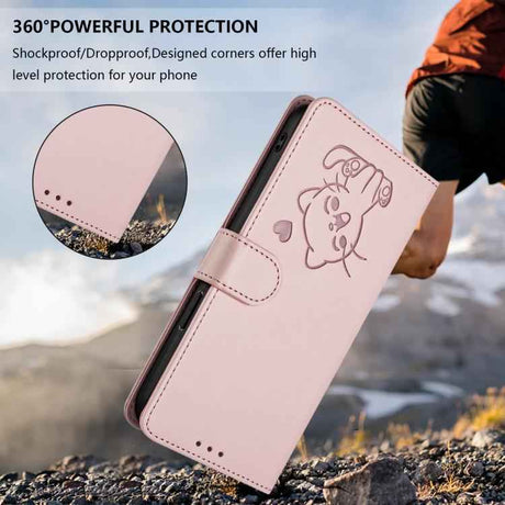 Embossed Heart Cat Leather Phone Case with Hand Strap