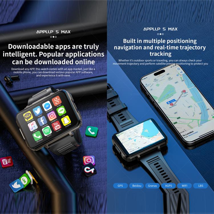 LOKMAT APPLLP 5 Max 4G Smart Watch, 2.4 inch MT6762 + PAR2822 Octa Core, Android 10.7, Heart Rate, Video Call, 4GB+64GB, 6GB+128GB