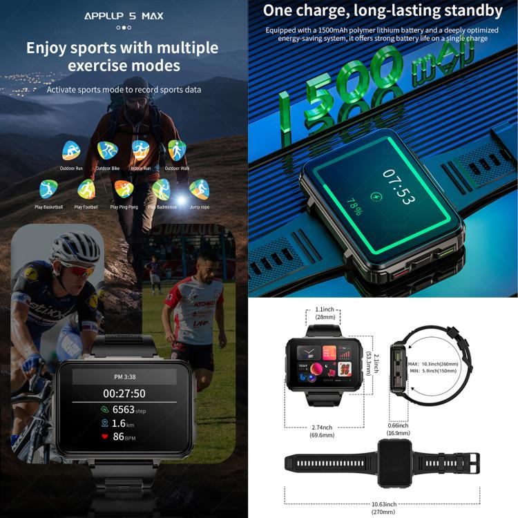 LOKMAT APPLLP 5 Max 4G Smart Watch, 2.4 inch MT6762 + PAR2822 Octa Core, Android 10.7, Heart Rate, Video Call, 4GB+64GB, 6GB+128GB