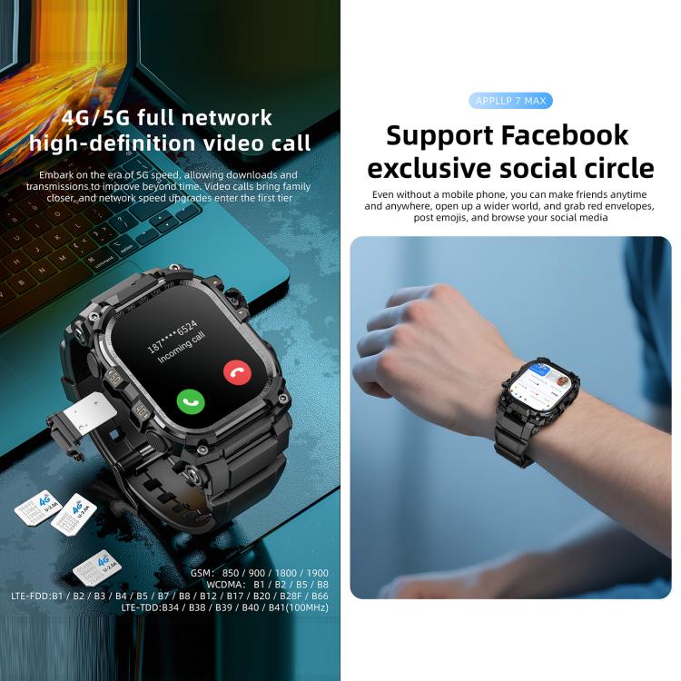 LOKMAT APPLLP 7 Max 4G Smart Watch, 2.06 inch SC8541E Quad Core, 3GB+32GB, Android 8.1, Video Call , Heart Rate