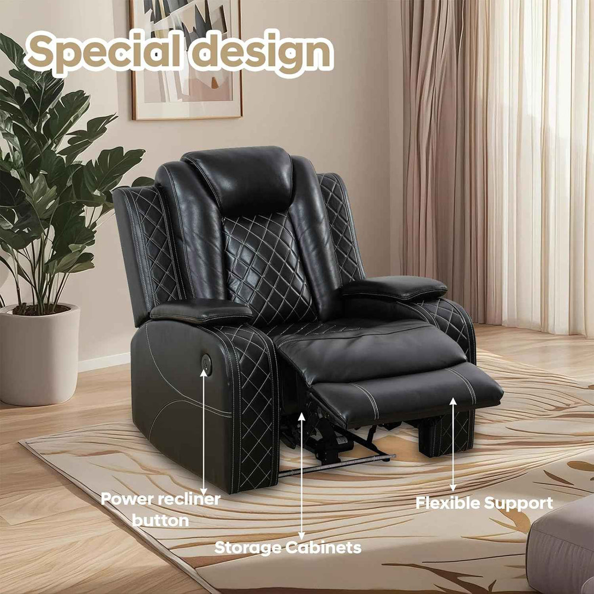 Oversized Dual Motor Power Recliner Chair - 105-175° Adjustable, USB Port, Black Faux Leather for Home Theater/Game Room/RV/Living Room