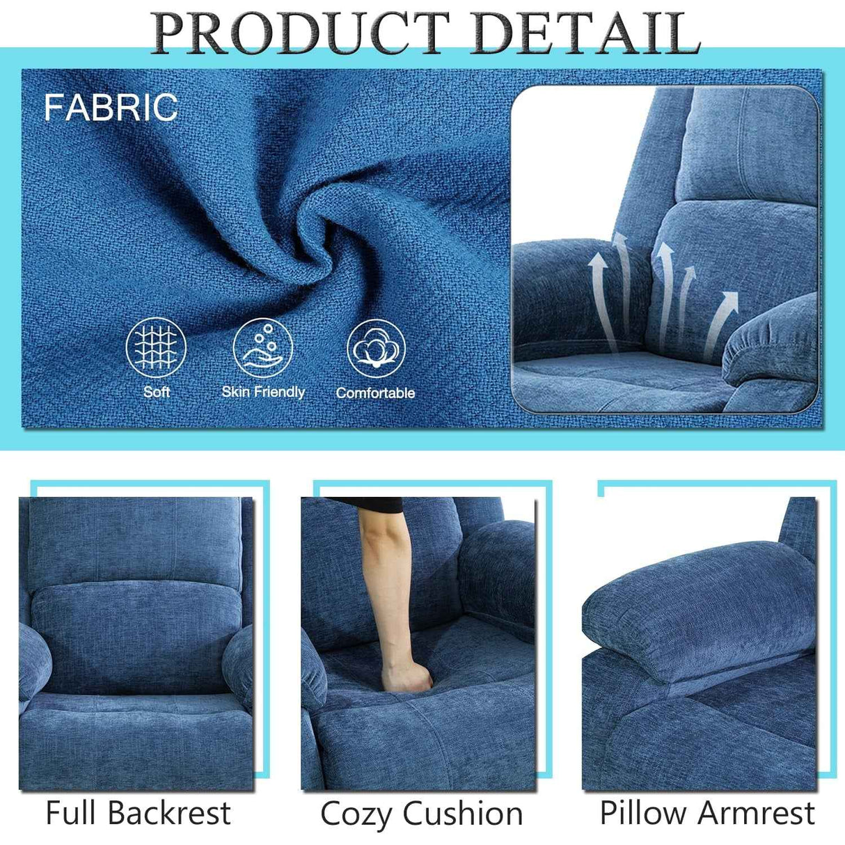 Living Room Furniture Set, Fabric Recliner Sofa Set with Cup Holder/Storage Console, Manual Reclining Sofa Set Recliner Couch for Home/Theater Seating/Office/RV (3 Seater Recliner Sofa, Blue)
