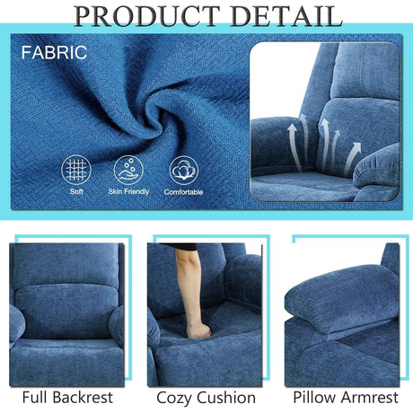 Living Room Furniture Set, Fabric Recliner Sofa Set with Cup Holder/Storage Console, Manual Reclining Sofa Set Recliner Couch for Home/Theater Seating/Office/RV (3 Seater Recliner Sofa, Blue)