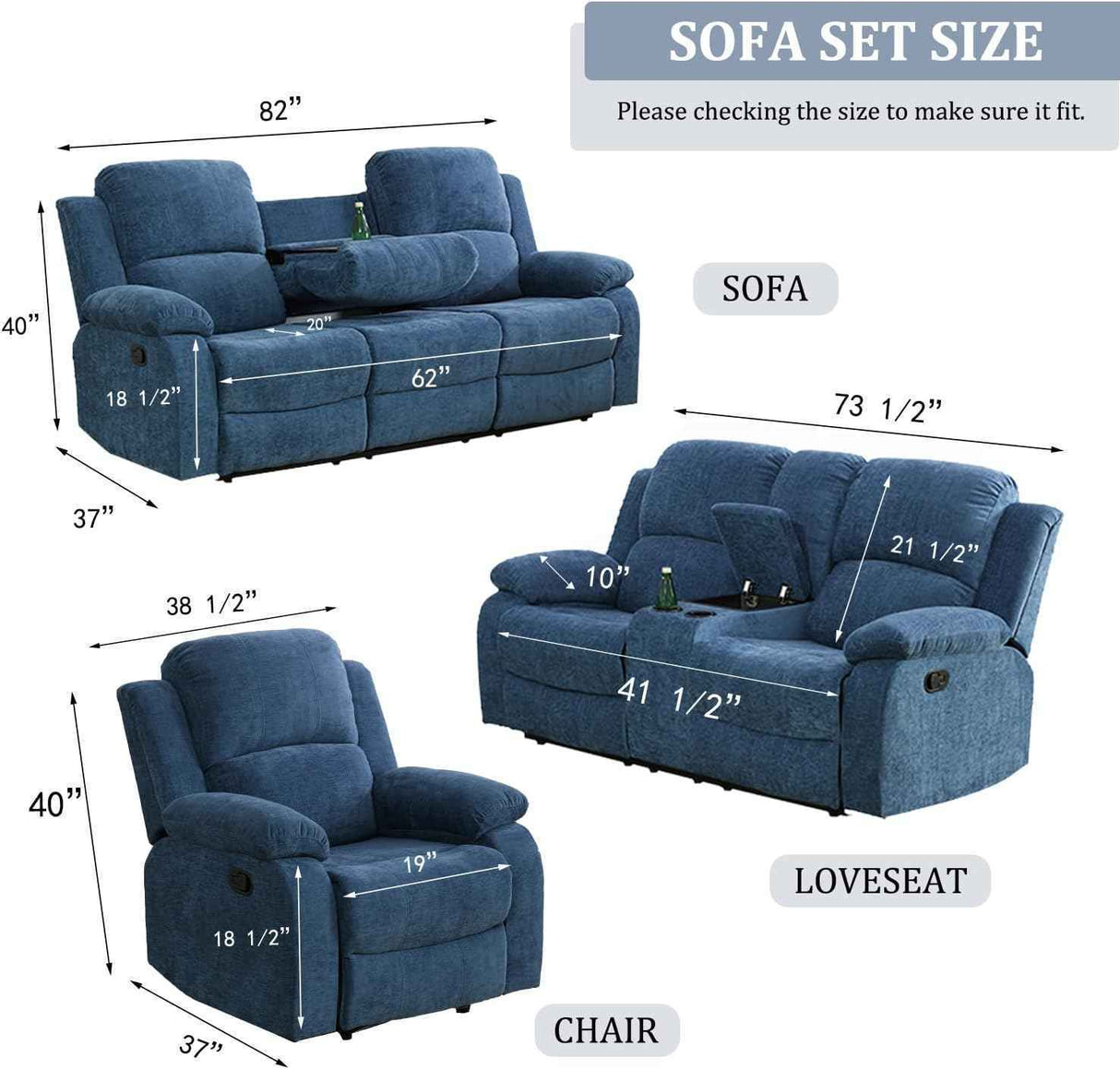 Living Room Furniture Set, Fabric Recliner Sofa Set with Cup Holder/Storage Console, Manual Reclining Sofa Set Recliner Couch for Home/Theater Seating/Office/RV Car (Recliner Loveseat, Blue)