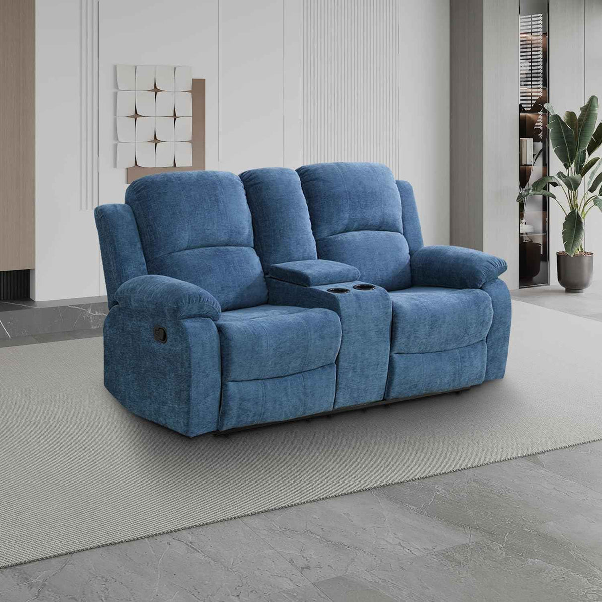 Living Room Furniture Set, Fabric Recliner Sofa Set with Cup Holder/Storage Console, Manual Reclining Sofa Set Recliner Couch for Home/Theater Seating/Office/RV Car (Recliner Loveseat, Blue)
