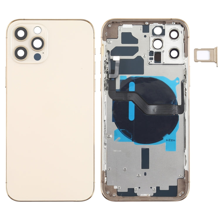 Reemplazo de tapa trasera de batería para iPhone 12 Pro con teclas laterales, bandeja para tarjetas, cable flexible de encendido/volumen y módulo de carga inalámbrica