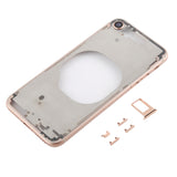 Carcasa trasera transparente para iPhone 8 con lente de cámara, bandeja SIM y teclas laterales en blanco, dorado y rojo transparentes.