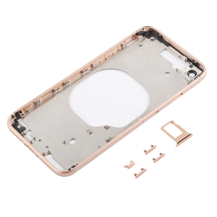 Carcasa trasera transparente para iPhone 8 con lente de cámara, bandeja SIM y teclas laterales en blanco, dorado y rojo transparentes.