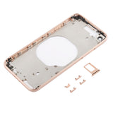 Carcasa trasera transparente para iPhone 8 con lente de cámara, bandeja SIM y teclas laterales en blanco, dorado y rojo transparentes.