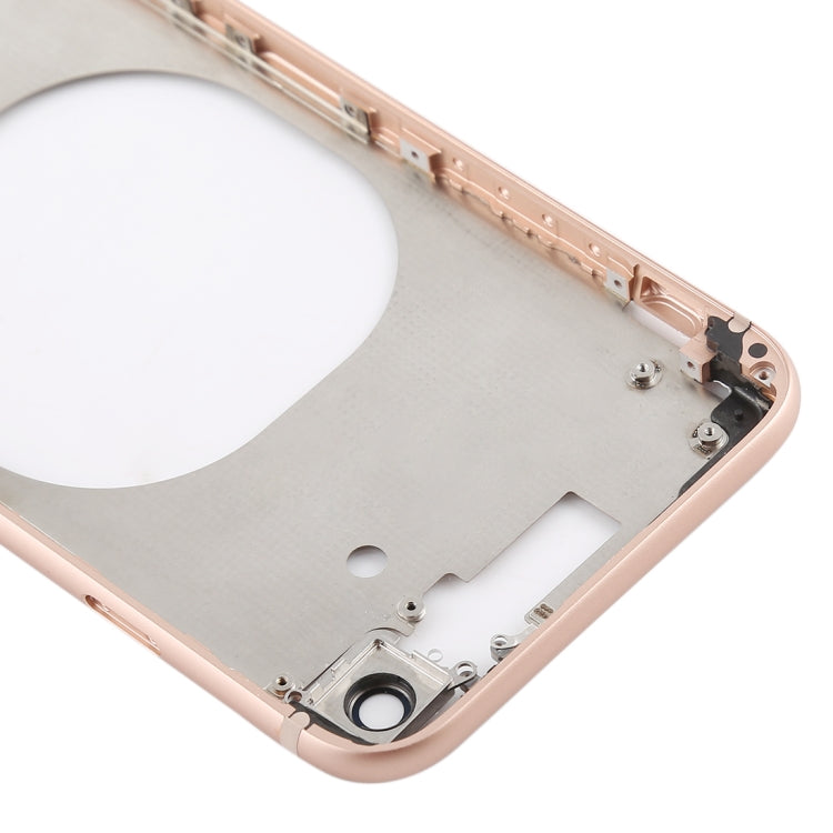 Carcasa trasera transparente para iPhone 8 con lente de cámara, bandeja SIM y teclas laterales en blanco, dorado y rojo transparentes.