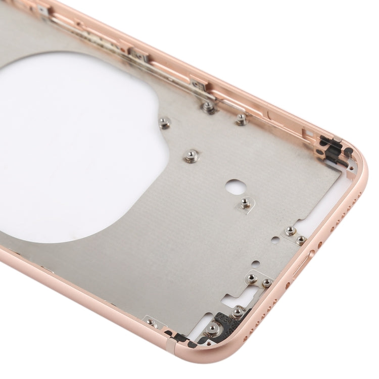 Carcasa trasera transparente para iPhone 8 con lente de cámara, bandeja SIM y teclas laterales en blanco, dorado y rojo transparentes.