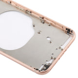 Carcasa trasera transparente para iPhone 8 con lente de cámara, bandeja SIM y teclas laterales en blanco, dorado y rojo transparentes.