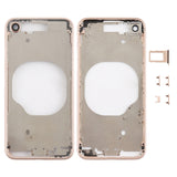 Carcasa trasera transparente para iPhone 8 con lente de cámara, bandeja SIM y teclas laterales en blanco, dorado y rojo transparentes.