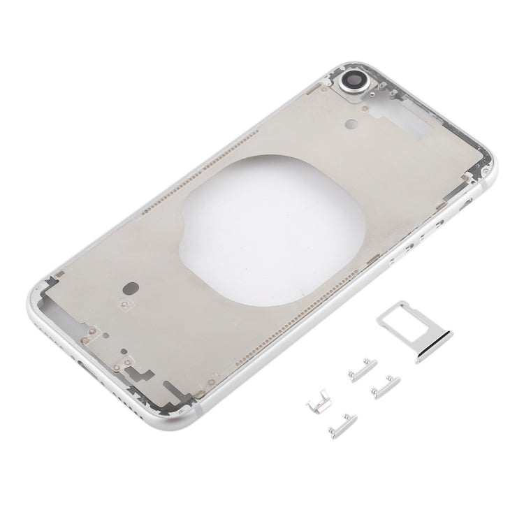 Carcasa trasera transparente para iPhone 8 con lente de cámara, bandeja SIM y teclas laterales en blanco, dorado y rojo transparentes.