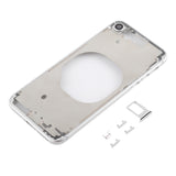 Carcasa trasera transparente para iPhone 8 con lente de cámara, bandeja SIM y teclas laterales en blanco, dorado y rojo transparentes.
