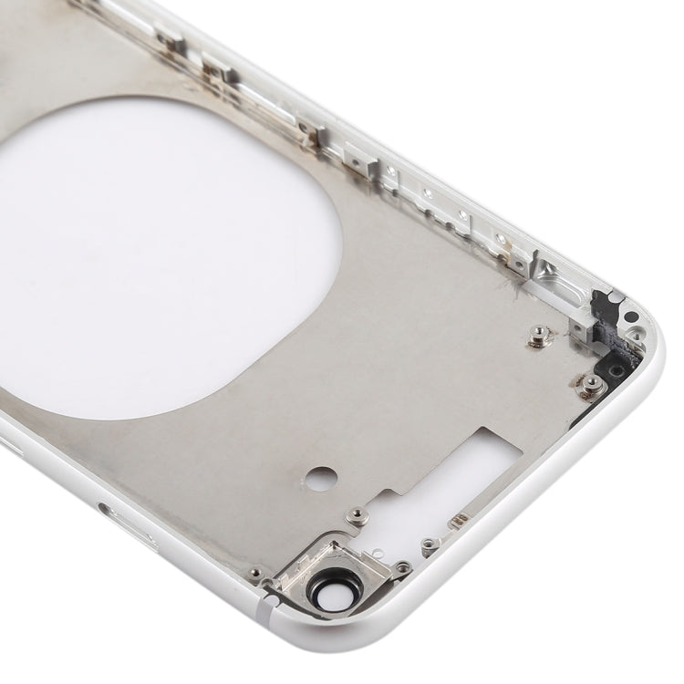 Carcasa trasera transparente para iPhone 8 con lente de cámara, bandeja SIM y teclas laterales en blanco, dorado y rojo transparentes.