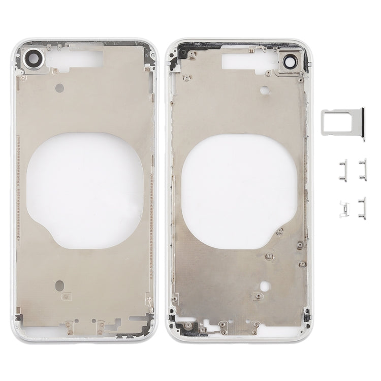 Carcasa trasera transparente para iPhone 8 con lente de cámara, bandeja SIM y teclas laterales en blanco, dorado y rojo transparentes.