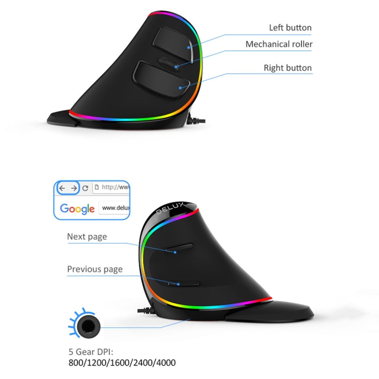 Ratón óptico ergonómico con cable RGB DELUX M618 Plus - Diseño vertical de 4000 DPI