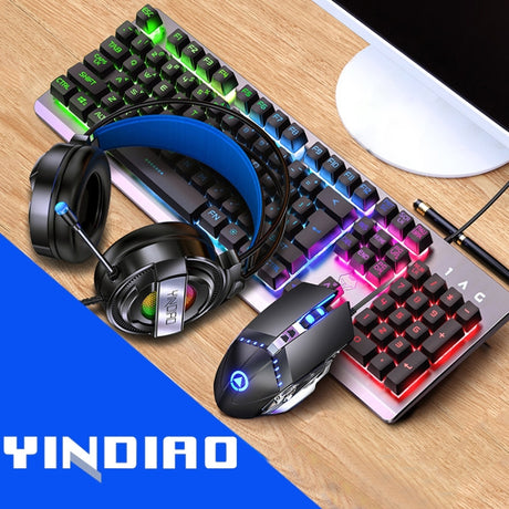 YINDIAO K002 USB Wired Mechanical Feel RGB Backlight Keyboard + Optical Mouse + Headset Set - LYDARZ