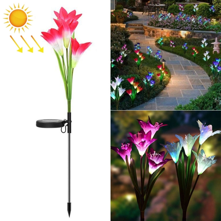 Simulated Lily Flower 4 Heads Solar Powered Outdoor IP55 Waterproof LED Decorative Lawn Lamp, Colorful Light, Colorful Light