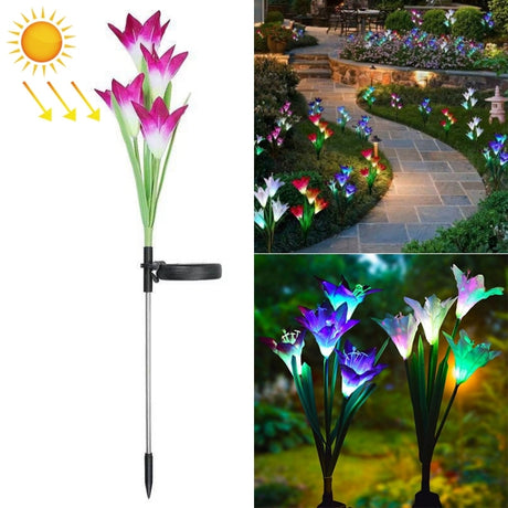 Simulated Lily Flower 4 Heads Solar Powered Outdoor IP55 Waterproof LED Decorative Lawn Lamp - LYDARZ