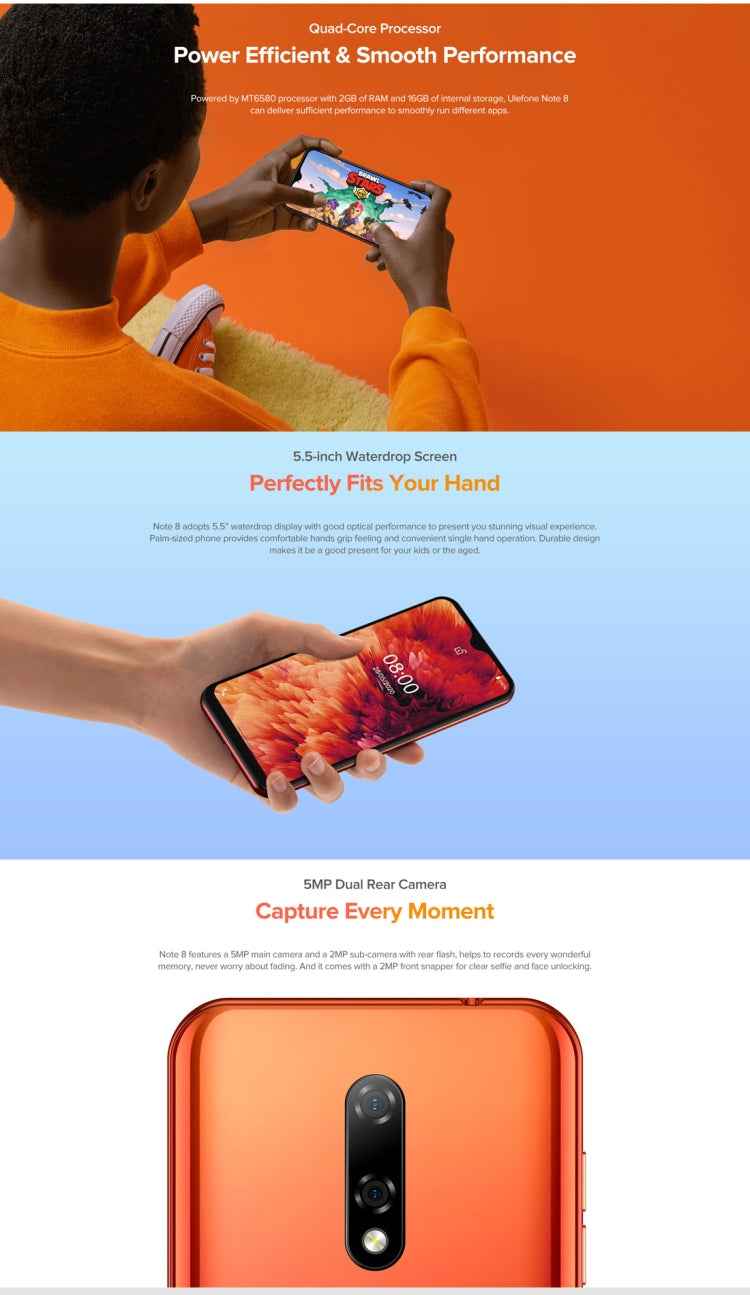 Ulefone Note 8 3G, Dual Rear Cameras, Face ID Identification, 5.5 inch, Android 10.0 GO MKT6580 Quad-core,  Dual SIM