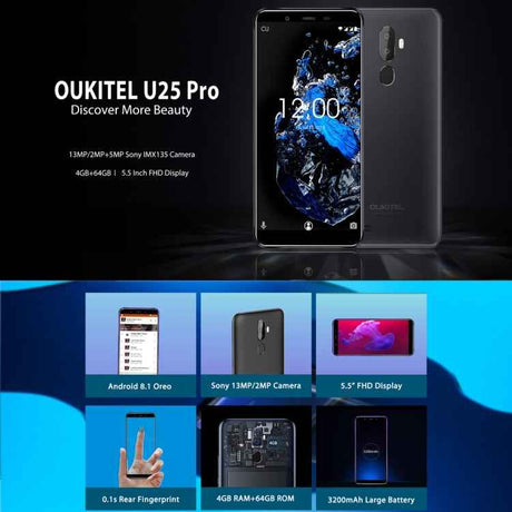 OUKITEL U25 Pro 4G, Dual Back Cameras, Fingerprint Identification, 5.5 inch Android 8.1 MTK6750T Octa Core, Dual SIM