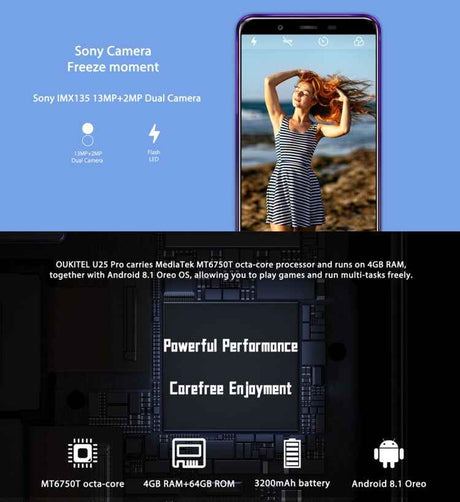 OUKITEL U25 Pro 4G, Dual Back Cameras, Fingerprint Identification, 5.5 inch Android 8.1 MTK6750T Octa Core, Dual SIM