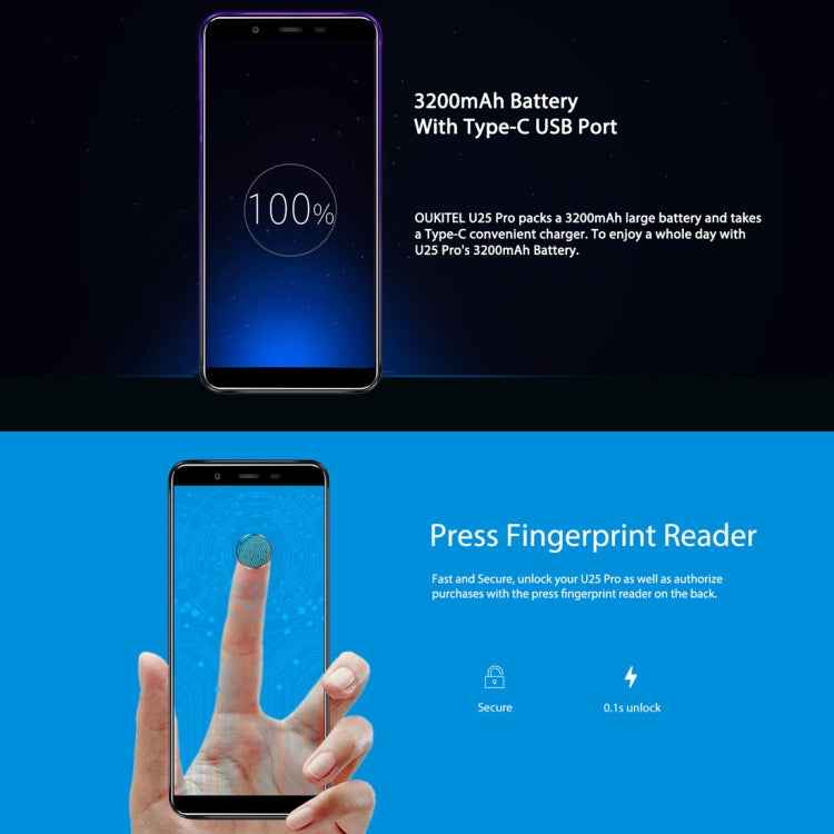 OUKITEL U25 Pro 4G, Dual Back Cameras, Fingerprint Identification, 5.5 inch Android 8.1 MTK6750T Octa Core, Dual SIM