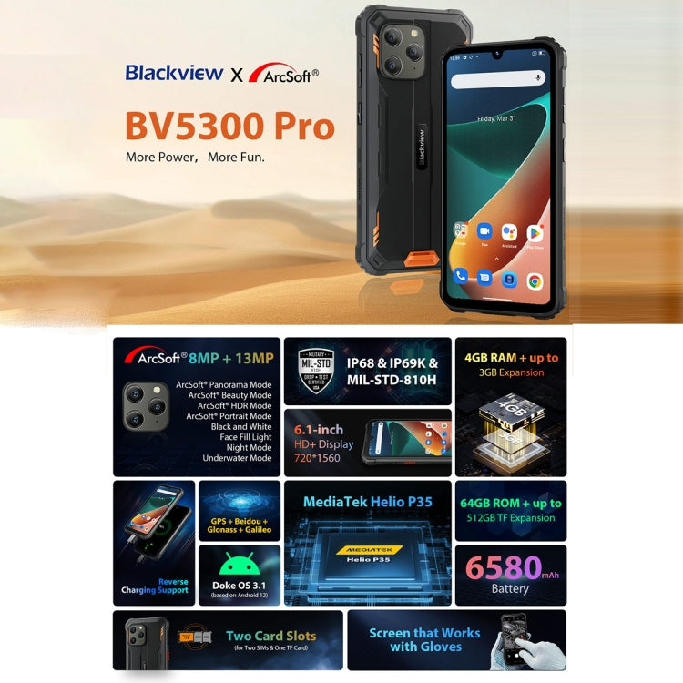 Blackview BV5300 Pro Rugged Phone, Face Unlock, 6580 mAh Battery, 6.1 inch Android 12 MTK 6765 Helio P35