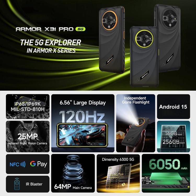 Ulefone Armor X31 Pro 5G - Rugged 8GB+256GB Phone with Night Vision, IP68/IP69K, 6.56" Display, Android 14, MediaTek Dimensity 6300, 5G, NFC, OTG